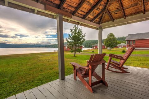 Porch overlooking Lake Wallace at Jackson's Lodge in Canaan, VT